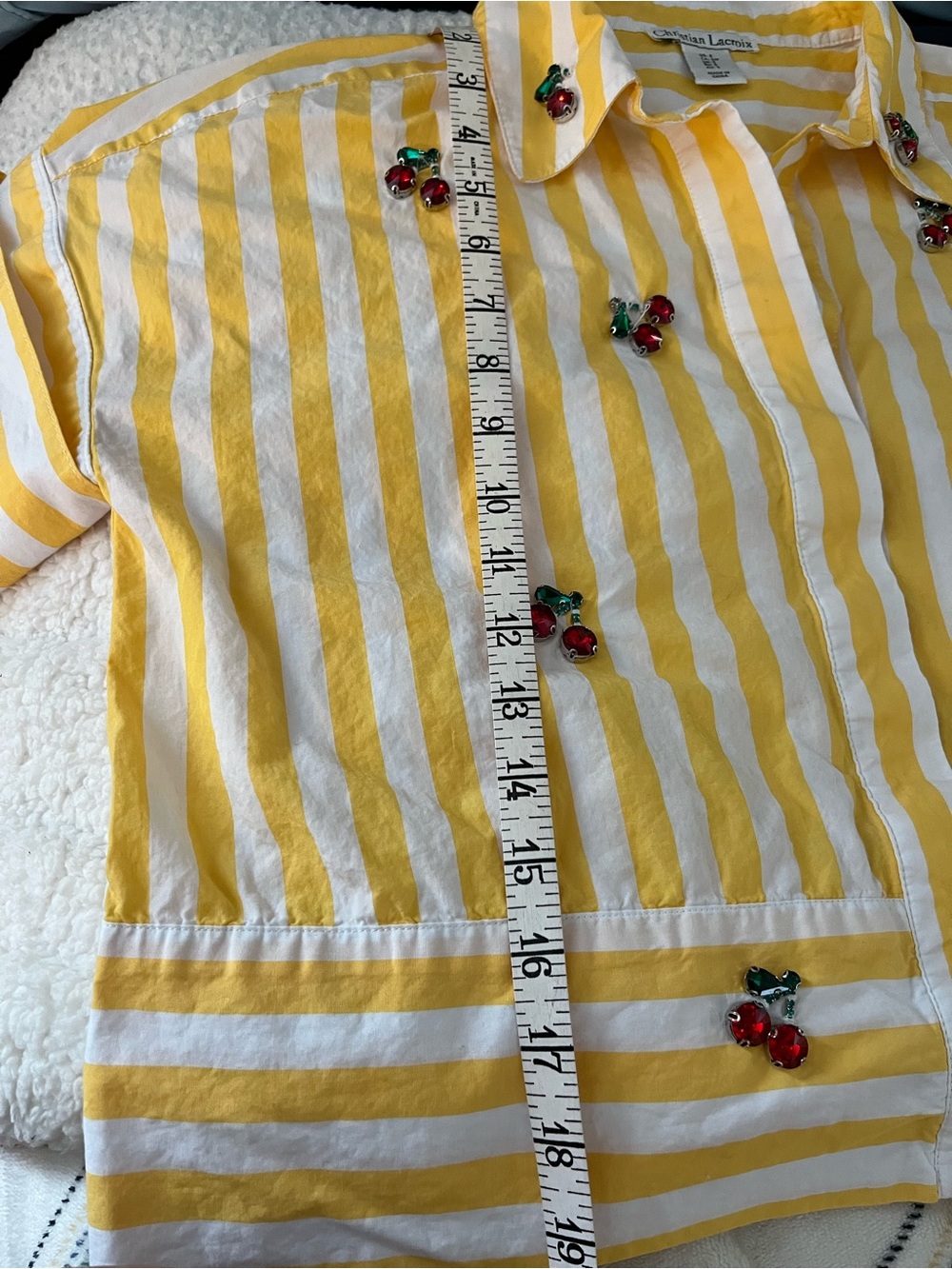 Christian Lacroix Yellow & White Striped Button-Down with Cherry Embellishments - Picture 9 of 9